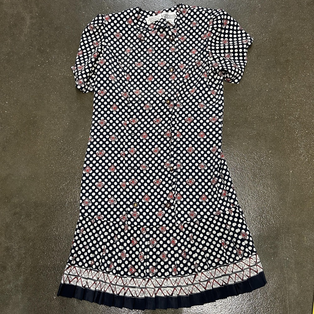Liz Roberts Dress Womens 8 Navy‎ Polka Dot Short Sleeve Button Front Midi